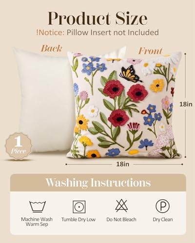 Embroidered Throw Pillow Cover 18x18 Inch - Spring Summer Boho Decorative Pillow Cover with Zipper for Living Room Couch Sofa Bed Aesthetic Design Retro Flower Cushion Pillowcase - color: Retro Flower, size: 18" x 18" (Pack of 1)