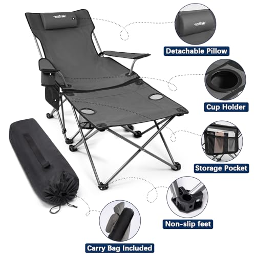 apollo walker Reclining Beach Chair, Adjustable 90-135° Backrest Camping Lounge Chairs for Adults, Folding Chair with Foot Rest & Detachable Pillow - Upgraded 8-Leg, Grey - color: Grey, style: 8-Leg