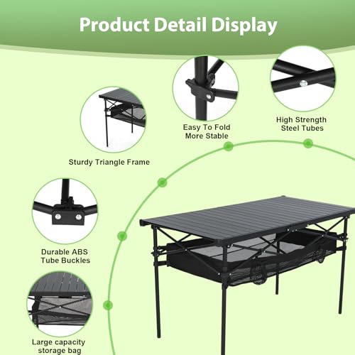 Nice C Portable Folding Camping Table, Aluminum Lightweight Roll-up Top Indoor&Outdoor Collapsible Table, with Mesh Net, Cup Holder, Carry Bag, Steel Frame, for Camping, Sports, BBQ, Picnic (Black)