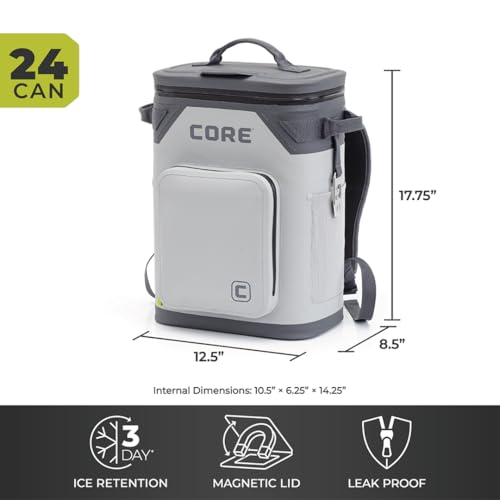 CORE Magnetic Leak Proof Soft Cooler with Waterproof Zipper | Insulated Bag Portable Ice Chest Box | Best Soft Cooler for Food & Beverages for Tailgating, Car Camping, Travel, and Family Beach Picnics - color: Shadow Gray, size: 24 Can