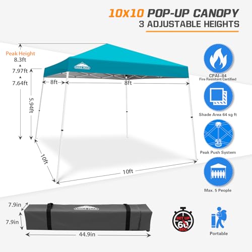 EAGLE PEAK 10x10 Slant Leg Pop-up Canopy Tent Easy One Person Setup Instant Outdoor Beach Canopy Folding Portable Sports Shelter 10x10 Base 8x8 Top (Turquoise) - color: Turquoise, size: 10x10