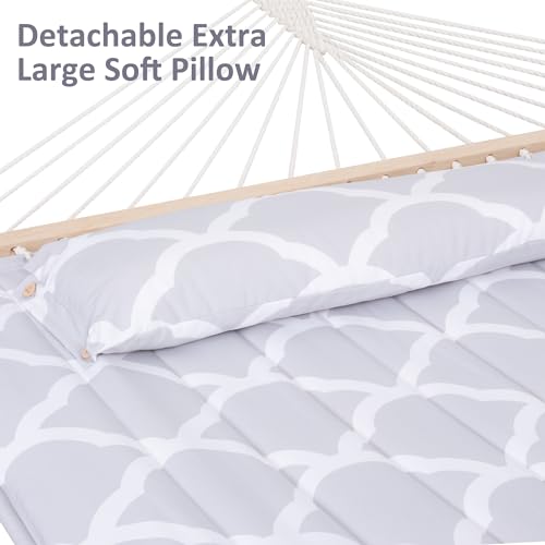 SUNCREAT Double Hammock, Extra Large Quilted Fabric Swing with Hardwood Spreader Bars & Detachable Pillow, Heavy Duty, Perfect for Indoor/Outdoor Patio, Deck, Yard, Gray Cloud - color: Light Gray&white, size: 12 ft Stand