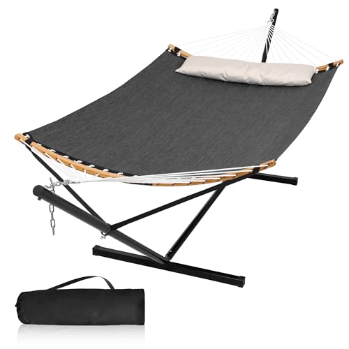 Double Hammock with Stand, Quick Dry Hammock with 12FT Stand for Outside, Poolside, 450 Lbs Capacity, Dark Grey - color: Zquick Dry-dark Grey