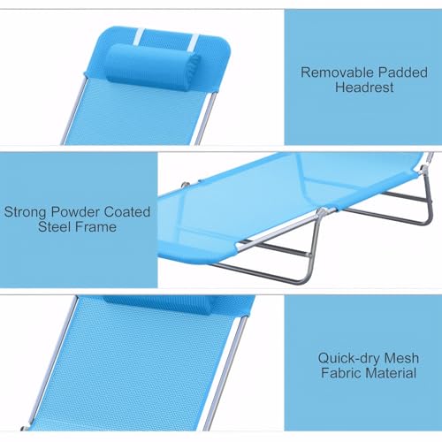Majnesvon Outdoor Tanning Chair with Pillow, Folding Chaise Lounge Chair with Adjustable Backrest, Portable Lay Flat Beach Lounge Chairs for Sunbathing Poolside Patio Lawn Camping(Blue 2) - color: Blue 2