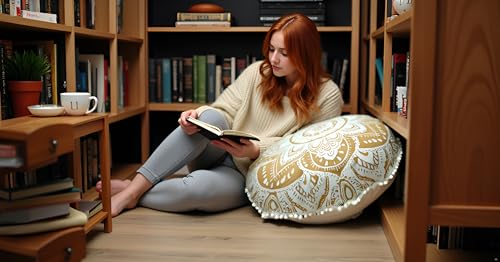 Craft Kala Large Round Bohemian Floor Pillow Cover Boho Pouf Cover Mandala Meditation Room Pillows Cover Adults Seating Poufs Cushion Cover for Kids Reading Playroom White Gold Flower 32 Inch