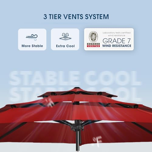 wikiwiki 9 FT Patio Umbrellas 3-Tiers Outdoor Table Market Umbrella with Push Button Tilt/Crank, Fade Resistant Waterproof POLYESTER DTY Canopy for Garden, Lawn, Deck, Backyard & Pool, Dark Red - color: Dark Red, size: 9 FT