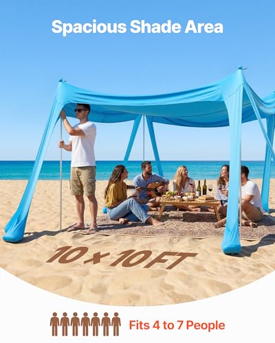 VEVOR Beach Tent Sun Shelter, UPF50+ Sun Protection, 6.6 ft Tall, 10 x 10 ft, Easy Pop Up Beach Canopy with Sandbags, Stability Poles, Sand Shovels, Portable Shade for Family, Camping, Fishing, Blue