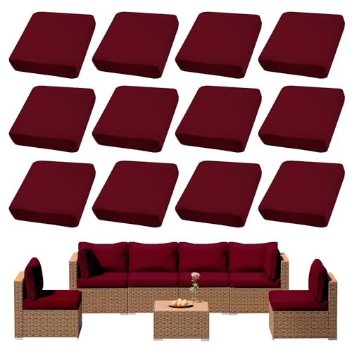 12Pcs Outdoor Cushion Covers, Patio Cushion Covers,Stretch Elastic Slipcovers, Replacement Washable & Reusable Furniture Protector for Patio Couch (Claret,Cover Only) - color: Claret, size: 12Pcs-Solid color