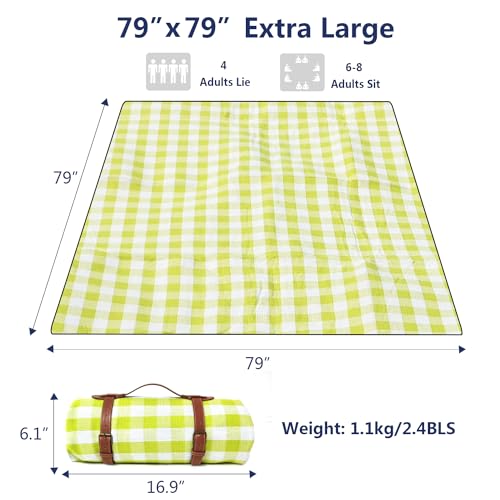 79”x79” Picnic Blanket Extra Large, Waterproof and Foldable Beach Blanket, 3-Layer Outdoor Blanket for 6 to 8 Adults, for Camping, Park, Beach, Grass, Indoors - color: Cyan and White Grids