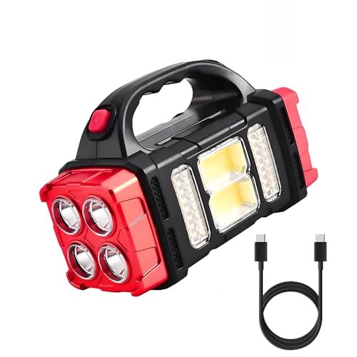 IFTHFOUR High Lumens Solar Flashlight - LED Work Light with USB-C Rechargeable, Waterproof, Multi-Function Flashlight & Lantern for Camping, Emergencies, and Outdoor(RED) - color: Red