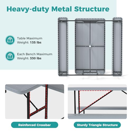 LDAILY Picnic Tables with Benches, Rectangular Dining Table Set for Outside 4 People, HDPE Tabletop, Metal Frame, Umbrella Hole, Heavy Duty Picnic Table for Outdoors, Patio, Lawn, Commercial (Gray) - color: Grey