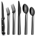 EWFEN 24-Piece Black Silverware Set with Steak Knives, Black Flatware Set for 4, Food-Grade Stainless Steel Tableware Cutlery Set, Mirror Finished Utensil Sets for Home Restaurant, Square Edge - style: Square Edge