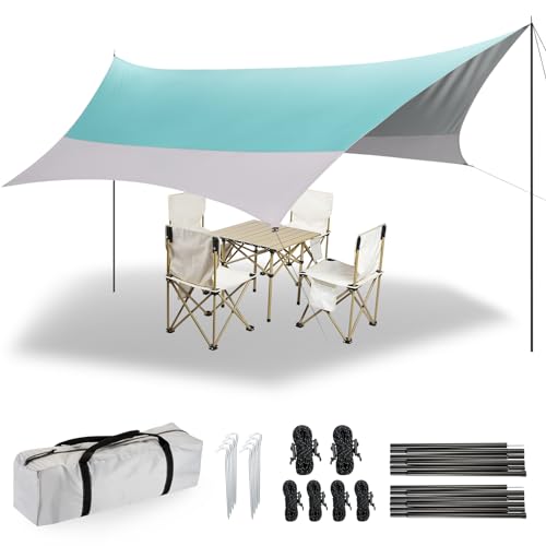 12X14FT Camping Tarp with 2 Poles, UV UPF50+ Lightweight Car Awning Sun Shelter, PU3000 Waterproof Tarp for Camping, Hiking and Backpacking Trips - color: Light Green