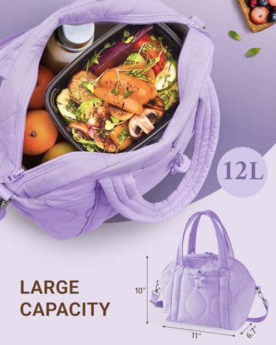 WONDAY Insulated Lunch Bags for Women, 12L Puffy Lunch Tote with Shoulder Strap, Waterproof, Leakproof, Reusable, Keeps Food Fresh, Perfect for Work, Travel, Picnic - color: Purple