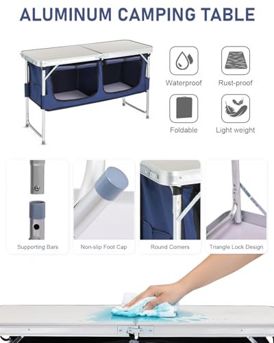 Outvita Folding Table, 4FT Aluminum Camping Table with Large Storage Space and Adjustable Height Picnic Table Lightweight for Carring Outdoor Party Events Beach - color: White, style: With blue storage bag