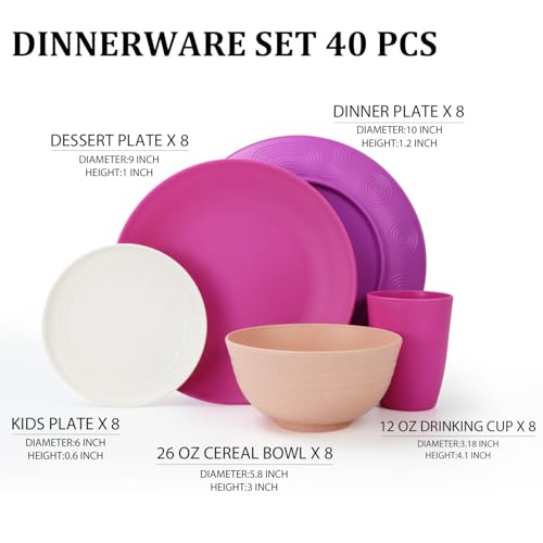 Wheat Straw Dinnerware Sets 40 PCS Bowl and Plate Sets With Cup Dishes Set for 8 Unbreakable Dish Sets Microwave Safe Plates Dinner Bowls Drinking Glasses With 4 Color - Flower Color - color: Flower Color, size: 40 PCS