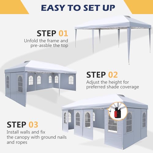 EROMMY 10x20 Heavy Duty Pop Up Canopy Tent with 6 Removable Sidewalls, Waterproof UV50+ Gazebo with Mosquito Netting, Easy Setup Instant Shelter for Backyard, Party, Wedding & Commercial Use, White - color: White, size: 10’x 20’