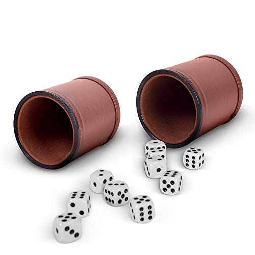 5 Pack of Professional Dice Cups PU Leather and Brown Velvet Lined, Includes 25 White Six-Sided Dice