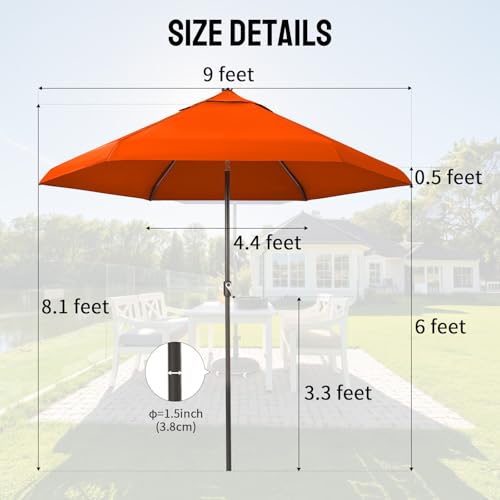 CROWN SHADES 9 Ft Patio Umbrella with Auto-Tilt & Olefin Fabric - Patented 45°Edge Connection Wind Resistant Outdoor Umbrella for Table, Pool, Beach, Effortless Crank System - color: Red