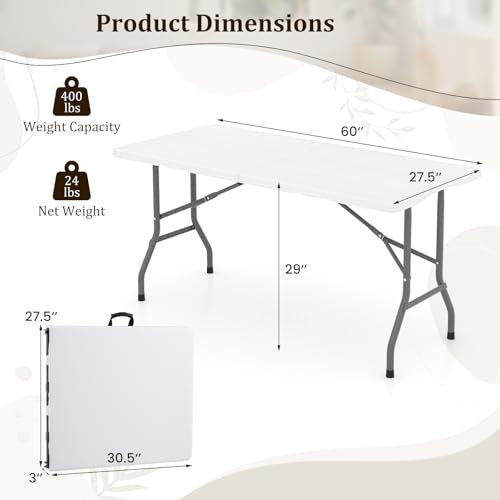 Goplus 5ft Folding Table, Indoor Outdoor Foldable Plastic Folding Tables, Heavy-Duty Rectangular Fold Up Table w/Handle, Portable Utility Card Table for Picnic, Party, Dining, Camping, Beach, White - color: White, size: 5FT