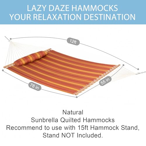 Lazy Daze Hammocks 12FT Quilted Hammock Double 2 Person Hammock with Spreader Bar and Pillow for Outside Outdoor Patio Backyard QFH12 - color: Mixed Red Stripes