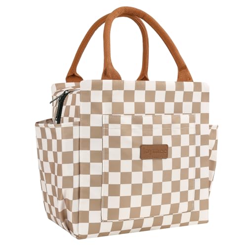 Joymee Lunch Bag Women Insulated Lunch Box Reusable Leakproof Large Spacious Cooler Tote for Women Men Adult with Bottle Holder and Side Pockets for Work Office Travel Picnic - Checker Brown - color: 04 Checker Brown
