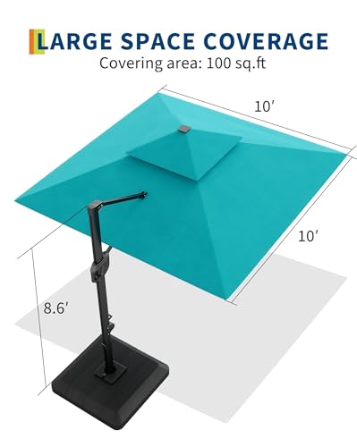 9ft Outdoor Patio Umbrella Heavy Duty 8 Ribs, Waterproof UV Protection Sun Shade with Crank Lift & Push Button Tilt, Outdoor Umbrella for Deck, Pool, Garden, Backyard, Lawn - color: Turquoise Blue&Square-Lights, size: 10FT Roman