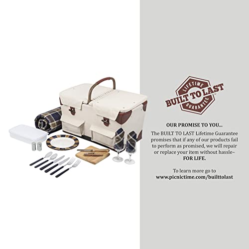 PICNIC TIME Pioneer Deluxe Picnic Basket, Romantic Vintage Wood-Framed Basket Covered in Canvas, Complete Deluxe Service for Two with Water-Resistant Bottom and Two Lids, (Beige Canvas)