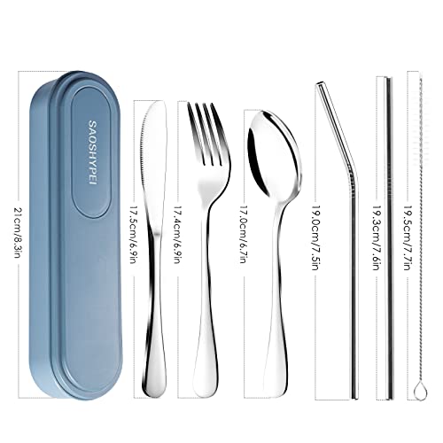 Portable Utensils Set with Case, 4pcs Stainless Steel Reusable Silverware for Lunch Camping School Picnic Workplace Travel, Lunch Box Includ Fork Spoon Knife,Easy to clean,Dishwasher Safe(Black) - color: Blue