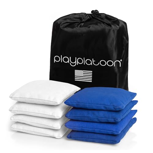 Play Platoon Cornhole Bags Weather Resistant- Set of 8 Regulation Bean Bags for Tossing- Official Professional Size & Weight Corn Hole Bags Two Color All Weather Cornhole Beans Bag Set with Tote Bag - color: Blue & White