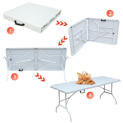 Portable 6Ft Folding Table, Heavy Duty Fold-in-Half Utility Foldable Dining Table, Multi-Purpose Plastic Folding Table with Carrying Handle for Camping and Party Indoor/Outdoor (White) - color: White, size: 6Ft
