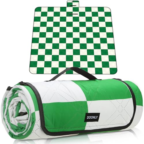 Doonly Picnic Blanket, 78" x 78" Large Waterproof Sandproof Beach Blanket, Foldable Outdoor Blanket Gingham Picnic Mat for Beach, Camping, Park, Grass, Lawn, Travel (Green) - color: Green