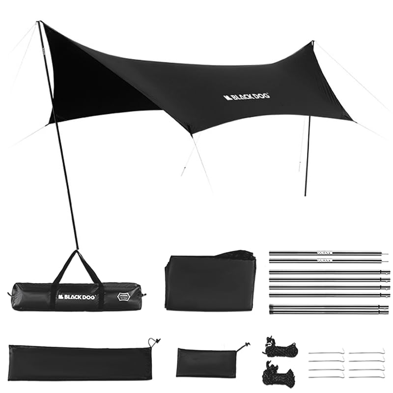 Blackdog Camping Tarp with Poles, 18x9.5 Ft Large Waterproof Camping Tent Canopy, 6-10 Person PU3000mm Shade Awning for Car Camp, Hammock Rain Fly, Outdoor, Picnic Backpacking
