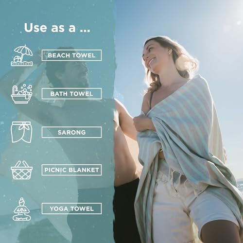 Cape Comforts Large Turkish Beach Towel, Striped Light Grey & Mint - 37'' x 67'' - Super Soft & Lightweight - Quick Dry Sand Free Travel Towels for Beach or Bath - Gifts - color: Stripe - Light Grey