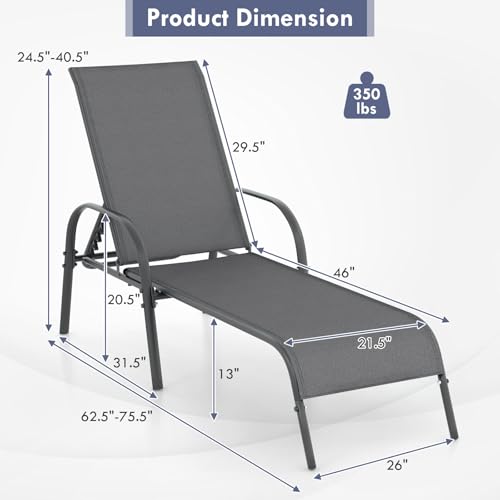 Giantex 2 Pack Patio Lounge Chair, Outdoor Chaise Lounge with 5 Adjustable Backrest, Sturdy Steel Frame, Sunbathing Recliner, Tanning Chair for Beach, Outside, Yard, Balcony, Pool Chairs (2,Dark Gray) - color: Dark Gray