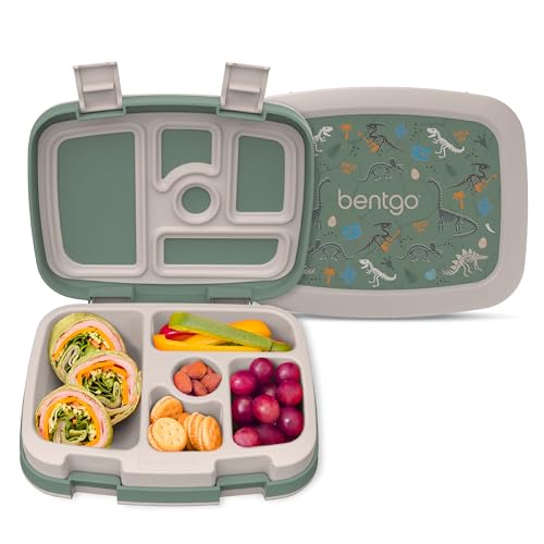 Bentgo Kids Prints Leak-Proof, 5-Compartment Bento-Style Kids Lunch Box - Ideal Portion Sizes for Ages 3-7, Durable, Drop-Proof, Dishwasher Safe, & PFAS & BPA-Free Materials (Dino Fossils) - color: Dino Fossils