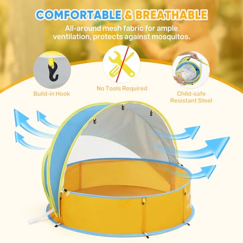 Peradix Baby Beach Tent, Paddling Pool for Kids & Pets with UV Sun Shelter Canopy, Mosquito Net - Portable Pop Up Infant Ball Pit Tent, Toddler Wading Pool, Perfect for Summer Beach Fun - color: Yellow-blue
