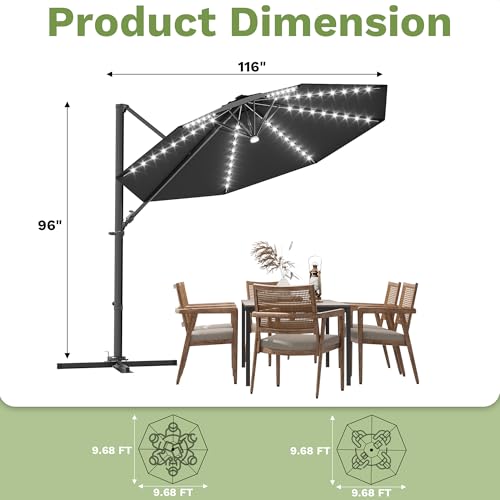 Patiowell 10 FT Patio Umbrella with Solar LED Light, Outdoor Cantilever Umbrella with 360 Degree Rotation, Outside Large Round Sun Umbrella with Frame for Backyard Garden Poolside, Black - color: Black with Light, size: 10 FT