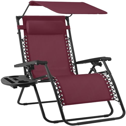 Best Choice Products 30” Wide Folding Zero Gravity Outdoor Recliner Patio Lounge Chair w/Adjustable Canopy Shade, Headrest, Side Accessory Tray - Burgundy - color: Burgundy, size: Oversized Extra Wide
