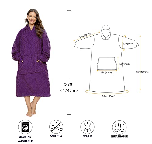 Oversized Sherpa Wearable Blanket Hoodie for Women Men,Long Comfortable Sherpa Blanket Sweatshirt Shaggy Pullover Plush Warm Cozy Blanket One Size Fits All Purple - color: Jacquard Purple
