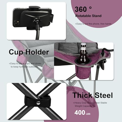 Northroad Oversized XL Padded Camping Chair w/Cell Phone Holder, Large Camp Lounge Chair, Foldable Lawn Chair w/Cup Holder,Carry Bag for Outdoor Hiking, Beach, Picnics, Heavy-Duty 400-lbs Capacity - color: Ph-purple