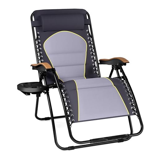 PHI VILLA XXL Oversized Padded Zero Gravity Chair, Foldable Patio Recliner, 30" Wide Seat Anti Gravity Lounger with Cup Holder, Support 400 LBS (Gray Accent) - color: Gray Accents, style: 1 Pcs