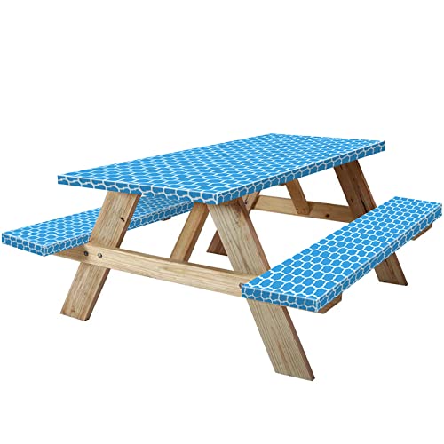 8ft Picnic Table and Bench Cover, Camping Essentials RV Gear, 96 in Waterproof Windproof Outdoor Elastic All Around Tablecloth, Fitted Rectangle Tables and Seats, Blue-White Moroccan - color: Blue-white Moroccan, size: 96"