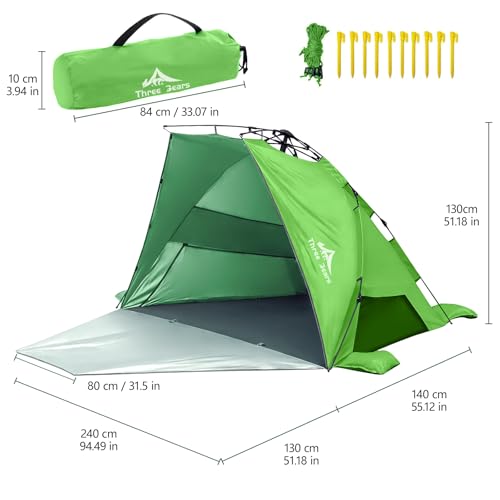 Three Bears Pop Up Beach Tent Sun Shade Shelter for 3-4 Person, UPF 50＋ UV Protection, Lightweight & Easy Setup Beach Shade Canopy, Portable Beach Shade Tent Beach Cabana (Green) - color: Green
