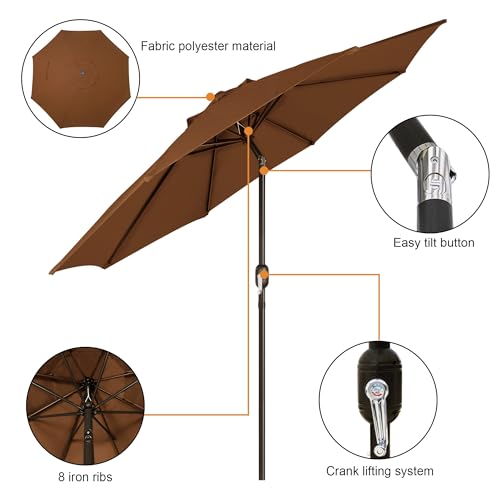 Blissun 9' Outdoor Patio Umbrella, Outdoor Table Umbrella, Yard Umbrella, Market Umbrella with 8 Sturdy Ribs, Push Button Tilt and Crank - color: Brown
