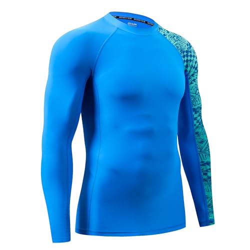 HUGE SPORTS Men's Rash Guard Long Sleeves UPF 50+ UV Sun Protection Quick Drying Splice Compression Swim Shirts - color: Blue Digital, size: XX-Large