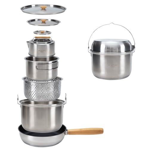 KingCamp Camping Cookware Set 304 Stainless Steel Campfire Cooking Pots Pan and Kettle with Travel Tote Bag for Camping Outdoor Kitchen Cooking Picnic for 4-6 - color: SILVER - 4-6 PERSON COOKWARE SET WITH KETTLE