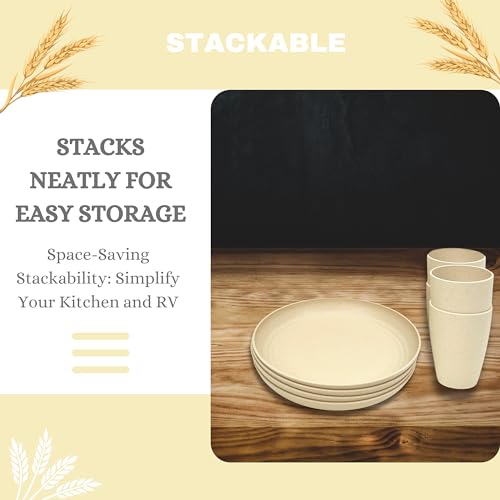 ECOSTAR Wheat Straw Dinnerware Sets Unbreakable Plates Bowls and Cups Reusable Utensils Dishwasher Microwave Safe Bowls and Plates Sets (Beige) - color: Beige