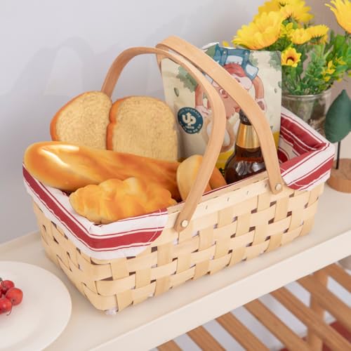 Bamboo Picnic Basket with Handle，Natural Woodchip Basket with Washable Lining for Camping（14X7.5X5.5inches） (Red) - color: Red