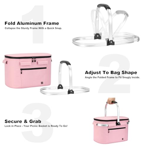 ALLCAMP Picnic Basket - Insulated Cooler, Thickening Foldable Picnic Basket with Removable Baskets & Sewn-in Frame, Basket for House Warming Gifts New Home(Pink) - color: Pink, size: Medium